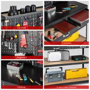 COSTWAY Workbench w/ Pegboard 120 CM Garage Worktable Tool Organizers w/ Drawers