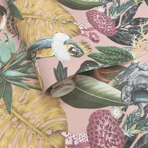 Holden Wonderland Jungle Floral Birds Exotic Blush Sage Green Smooth Wallpaper