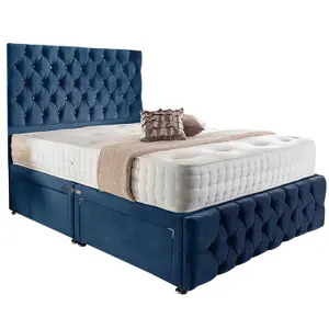 Merina Divan Bed Set with Tall Headboard and Mattress - Plush Fabric, Blue Color, 2 Drawers Right Side