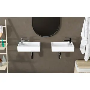 16-Inch Wall Hung Basin Sink Combo, Small Cloakroom Basin, Rectangle Ceramic Bathroom Wash Basin - Right Hand Sink Set (Include Faucet & Pop-up Drain)