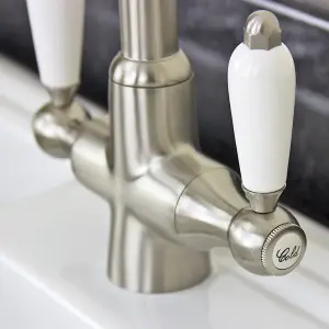 Astini Colonial Brushed Steel & White Ceramic Handle Twin Lever Kitchen Mixer Tap