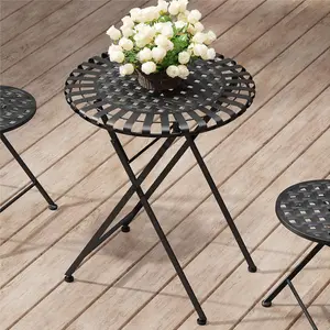 60cm Dia Round Folding Iron Table with Faux Rattan Tabletop, Black