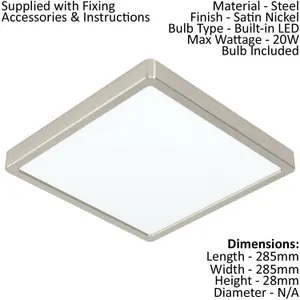 2 PACK Ceiling Light Satin Nickel 285mm Square Surface Mounted 20W LED 4000K