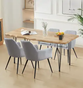 Hallowood Furniture Cullompton Large Dining Table 160cm, Live Edge Effect Table Top, with 4 Steel Grey Fabric Arm Chairs