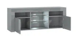 Furneo Grey TV Stand 120cm Unit Cabinet Matt & High Gloss Puzzo G White LED Lights