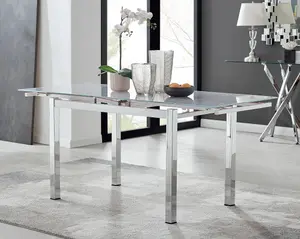 Enna White Glass Extending Dining Table and 6 Grey Milan Chairs