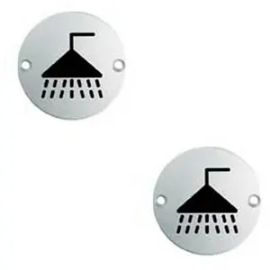 2x Bathroom Door Shower Symbol Sign 64mm Fixing Centres 76mm Dia Satin Steel