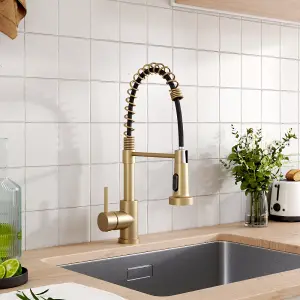 Stainless Steel and Brass Lever Faucet Commercial Swivel Pull Down Kitchen Faucet in Gold