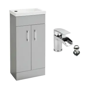 Light Matt Grey 400 Vanity Basin Sink Unit & Chrome Waterfall Basin Tap