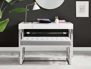 Furniturebox UK Cambridge Grey Velvet & Chrome Dressing Table and Stool Set