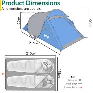 2 Man Pop Up Tent Lightweight Portable Camping Festival Shelter Single Skin Trail - Blue