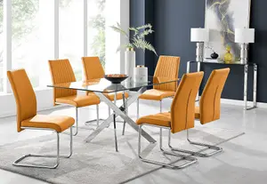 Furniturebox UK Leonardo Glass And Chrome Metal Dining Table And 6 Mustard Lorenzo Leather Chairs