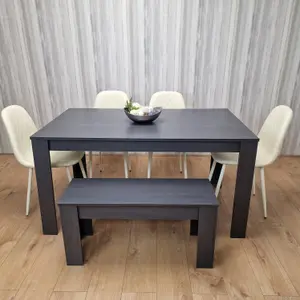 Dining Table Set 4 Grey Dining Table and 4 Diamond Padded Stitched Cream Chairs with 1 Bench