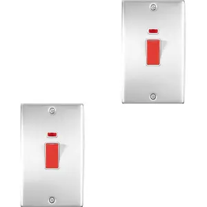 2 PACK 2 Gang Double 45A DP Switch Neon SATIN STEEL & WHITE Vertical Rocker