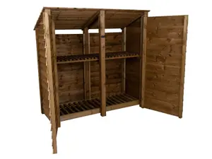 Wooden log store (roof sloping back) with door and kindling shelf W-187cm, H-180cm, D-88cm - brown finish