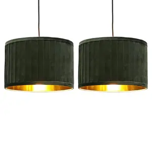 First Choice Lighting Set of 2 Sundance Dark Green Velvet Pleated 30cm Lamp Shades with Gold Inner