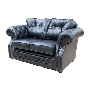 Chesterfield 2 Seater Old English Black Real Leather Sofa Bespoke In Era Style