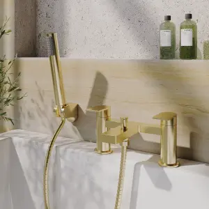 Contemporary Bath Shower Mixer Tap with Shower Kit - Brushed Brass - Balterley