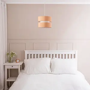 ValueLights Sophia Pair of Small Easy Fit Ceiling Light Shades 2 Tier Pendant Drum Lampshades - Sand