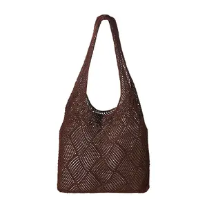 Brown Polyester Knitted Hollow Shoulder Bag with 25cm Strap Drop