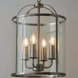 4 Light Hanging Ceiling Pendant Nickel & Glass Lantern Shade Lamp Bulb Holder