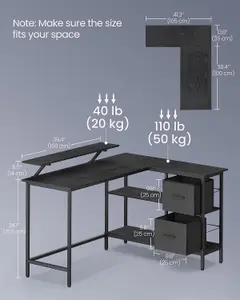 VASAGLE Corner Computer Desk, Home Office L-Shaped Desk with Adjustable Storage Shelf, 2 Drawers and Monitor Stand, Ebony Black