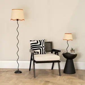 ValueLights Wiggle Black Metal Single Stem Floor Lamp with Linen Scallop Rust Trim Tapered Shade and LED Bulb