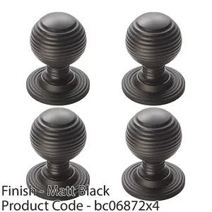 4 PACK - Reeded Ball Door Knob - 23mm Matt Black Lined Cupboard Pull Handle & Rose