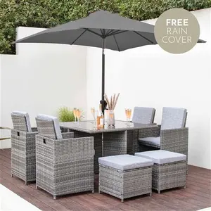 8 Seater Rattan Cube Outdoor Dining Set With Grey Parasol - Grey Weave