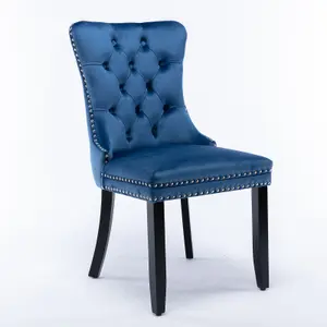 Pair of Lux Blue Velvet Kitchen Dining Chairs with Pull Knocker Wing Back Home Office Bedroom Chairs