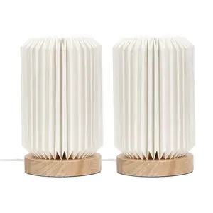 ValueLights Maja Pair of Wooden Base Bedside Table Lamps with White Paper Fold Lampshade Bedroom Light - Bulbs Included