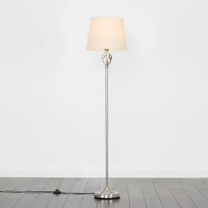 ValueLights Memphis Silver Satin Barley Twist Floor Lamp with Beige Light Shade