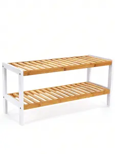 SONGMICS Natural Bamboo 2-Tier Shoe Rack, Shelf For Shoes Plants Books,For Living Room Hallway Bedroom Bathroom,White And Natural