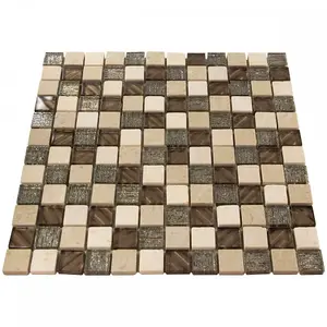 Luxury Textured Brown Iridescent Glass & Ivory Stone Mosaic Wall Tiles Sheet 8mm