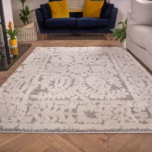 Grey White Floral Damask Plush Scandi Area Rug 60x110cm