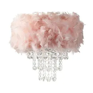 Contemporary Pink Feather Pendant Light Shade with Transparent Acrylic Droplets