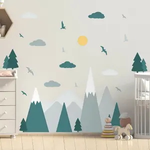 Walplus Colourful Mountain Landscape,Dark Green Scandinavian Style,Children Wall Sticker Kids Sticker PVC Green Grey