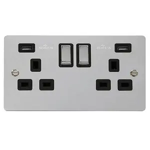 Flat Plate Polished Chrome 2 Gang 13A DP Ingot 2 USB Twin Double Switched Plug Socket - Black Trim - SE Home