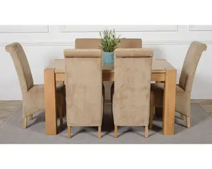 Kuba 150 x 85 cm Chunky Medium Oak Dining Table and 6 Chairs Dining Set with Montana Beige Fabric Chairs