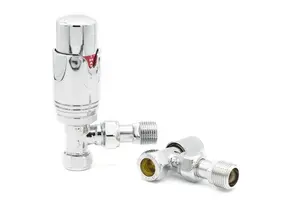 Chrome Angled Thermostatic Radiator Valve TRV and Lockshield Twin Pack for Heated Towel Rail