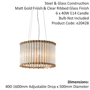 Matt Gold Glass Tube Ceiling Chandelier - Decorative Glass Rods - 6 Bulb Fitting