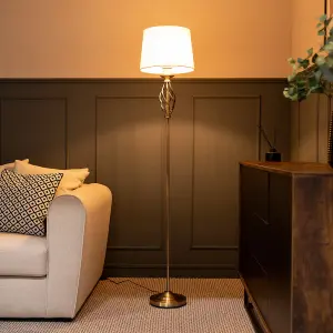 ValueLights Memphis Traditional Antique Brass Twist Floor Lamp with Fabric Lampshade