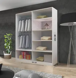 Bedroom Sliding Wardrobe with LED - Storage Space & Sleek Design comes in Width 100cm/120cm/150cm/180cm/203cm/250cm (White, 180cm)