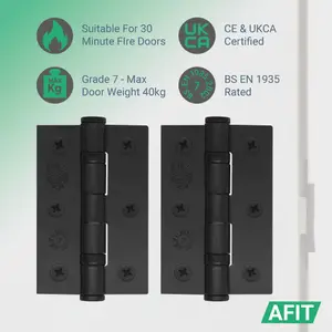 AFIT Matt Black Door Hinges - 3 Inch / 76mm  Internal Fire Door Hinges - 2 Pairs