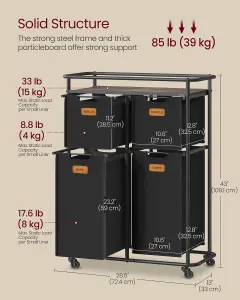 SONGMICS  Laundry Basket On Wheels, 2-Compartment Laundry Hamper, 37 Gallons (145L), Removable Liner, Steel Frame With Handle