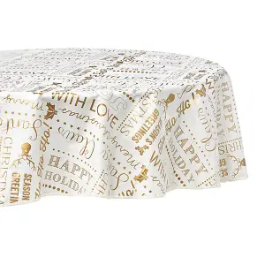 Celebright Festive Christmas PVC Tablecloth - 70in Round - Joyful Holiday Expressions Gold