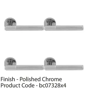 4 PACK - Luxury Knurled Door Handle Set - Polished Chrome Angled Lever on Round Rose