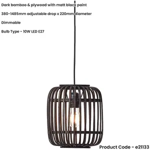 Hanging Ceiling Pendant Light - Dark Bamboo & Plywood With Matt Black Paint - 10W LED E27