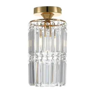 Modern Chandelier Cylindrical Droplet Crystal Shade Gold Base Mount Ceiling Light Fixture