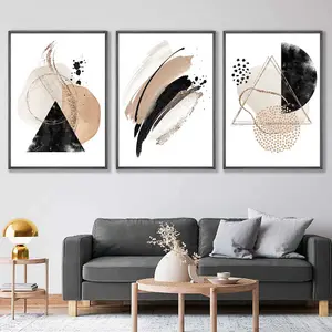 Abstract Beige Black and Gold Set of 3 Wall Art Prints / 42x59cm (A2) / White Frame